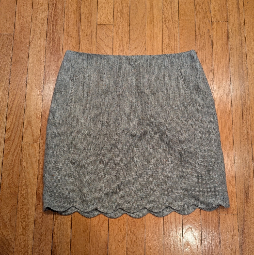 Gray Scalloped Hem Wool Blend Skirt